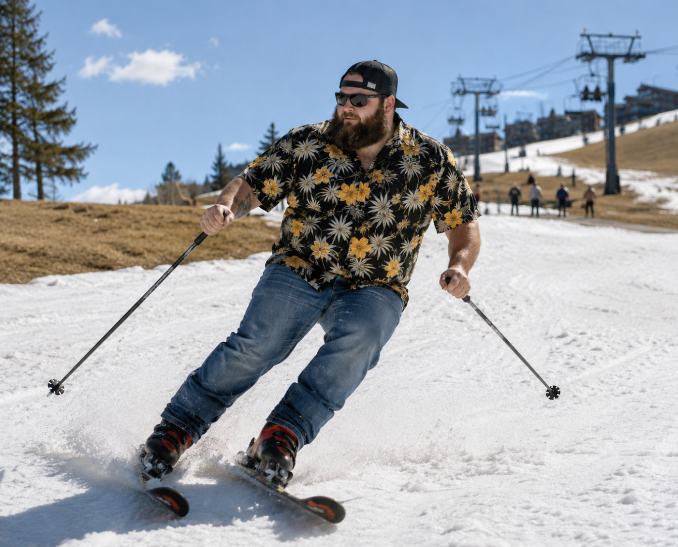 ChatGPT's imagined version of the mystery yinzer hero skiing in a Hawaiian shirt